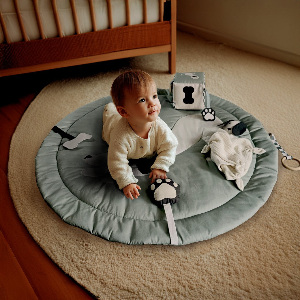 Panneau popeline de coton - Tapis d'éveil chiens vert sauge