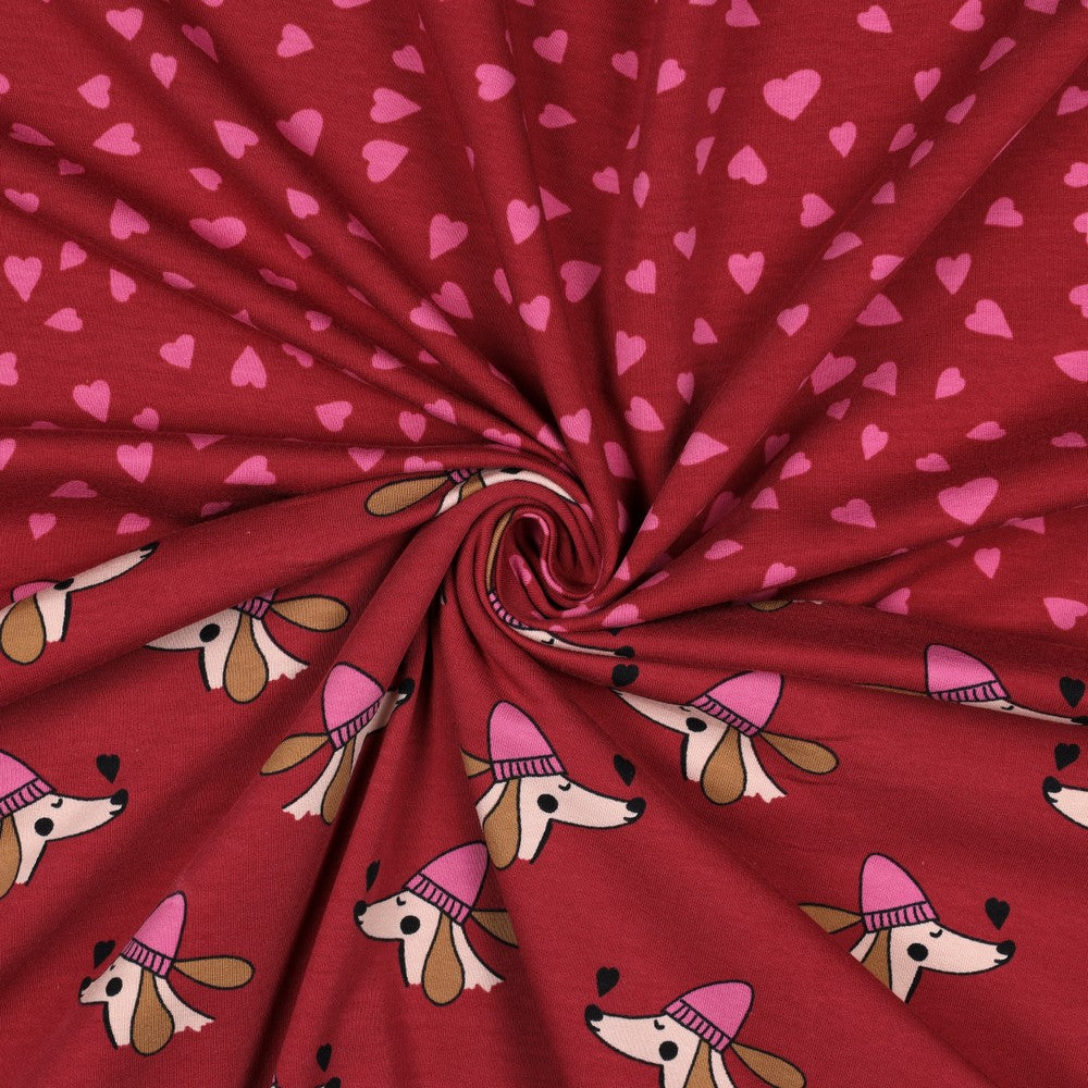 French terry DOGS and HEARTS POPPY