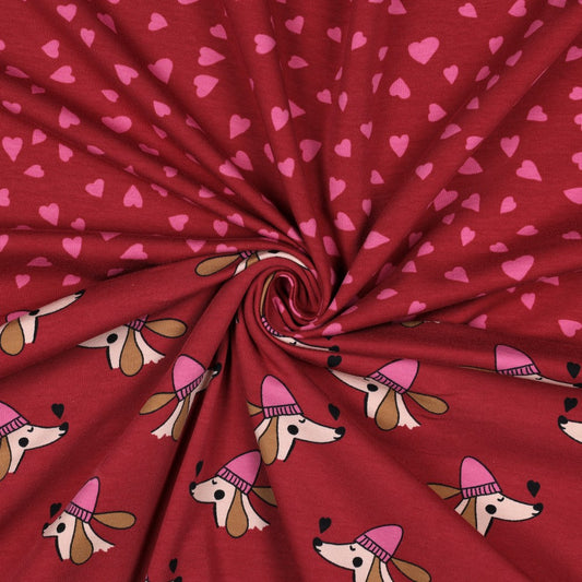 French terry DOGS and HEARTS POPPY