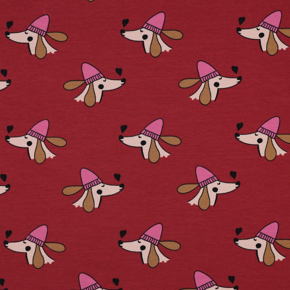 French terry DOGS and HEARTS POPPY