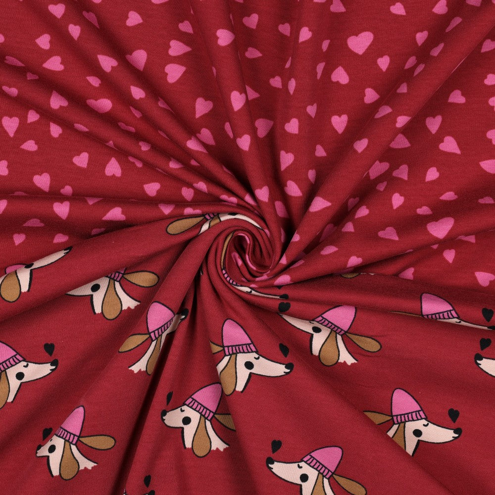 French terry DOGS and HEARTS POPPY