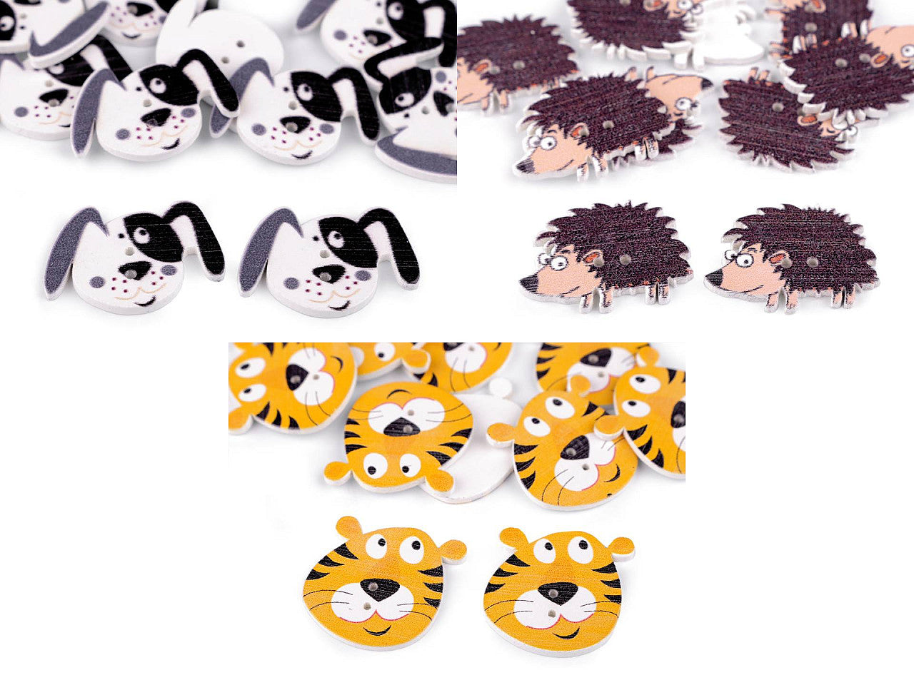 Boutons décoratifs Animaux en bois - chien, hérisson, tigre