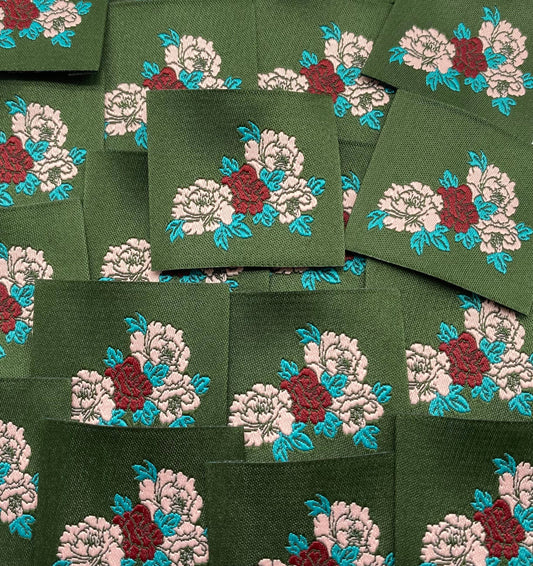 Étiquette à coudre: Pivoines - Kaki