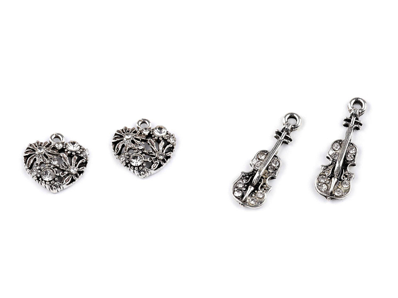 Breloque métallique/Tirette de fermeture Éclair avec strass - Cœur, Violon, Couronne - 2pc