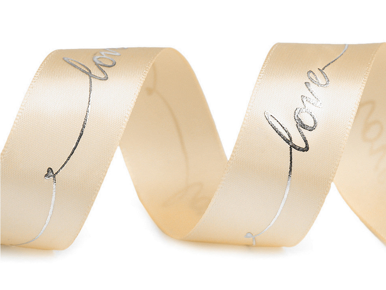 Ruban satiné avec impression métallisée Love, largeur 26 mm