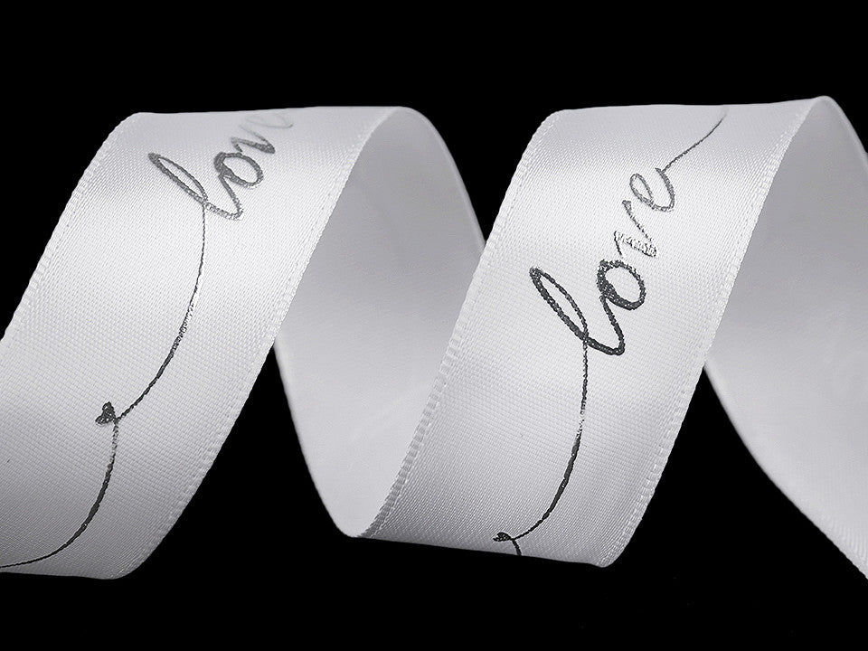 Ruban satiné avec impression métallisée Love, largeur 26 mm