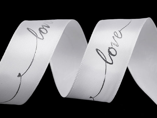 Ruban satiné avec impression métallisée Love, largeur 26 mm