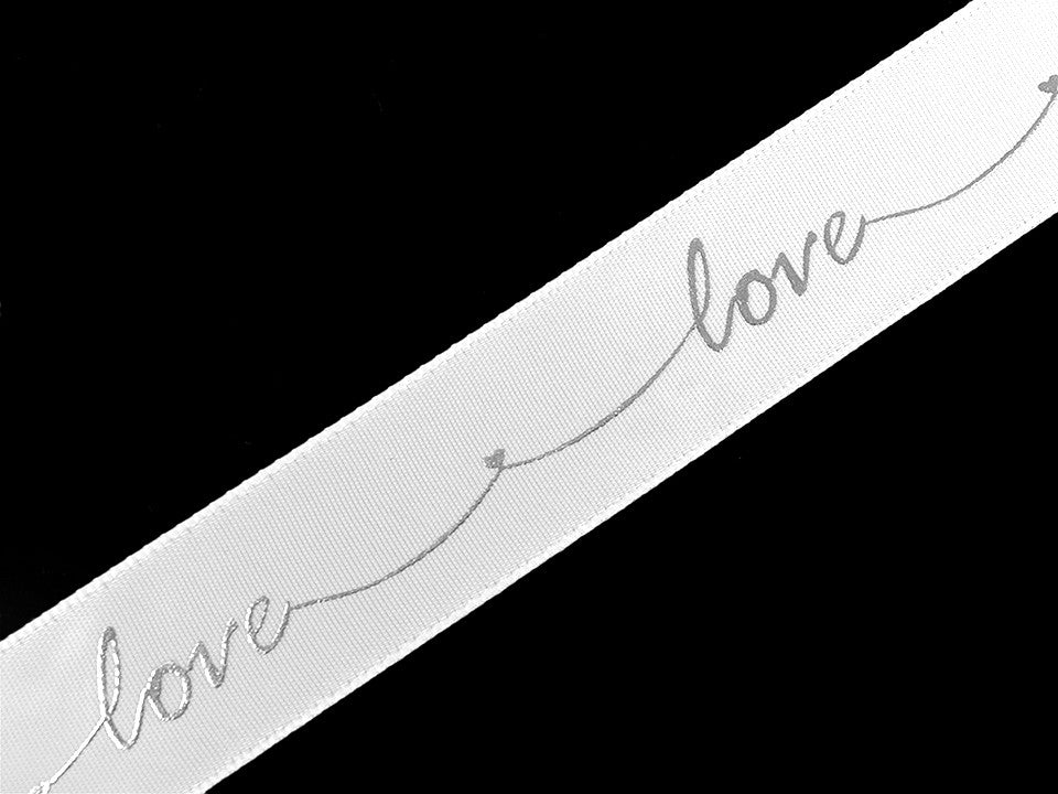 Ruban satiné avec impression métallisée Love, largeur 26 mm
