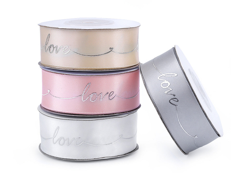 Ruban satiné avec impression métallisée Love, largeur 26 mm