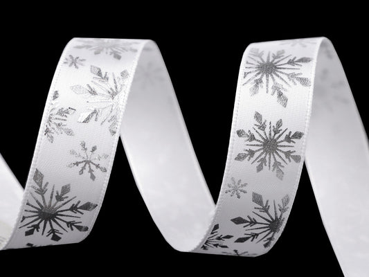 Ruban satiné de Noël, largeur 16 mm, Flocons de neige