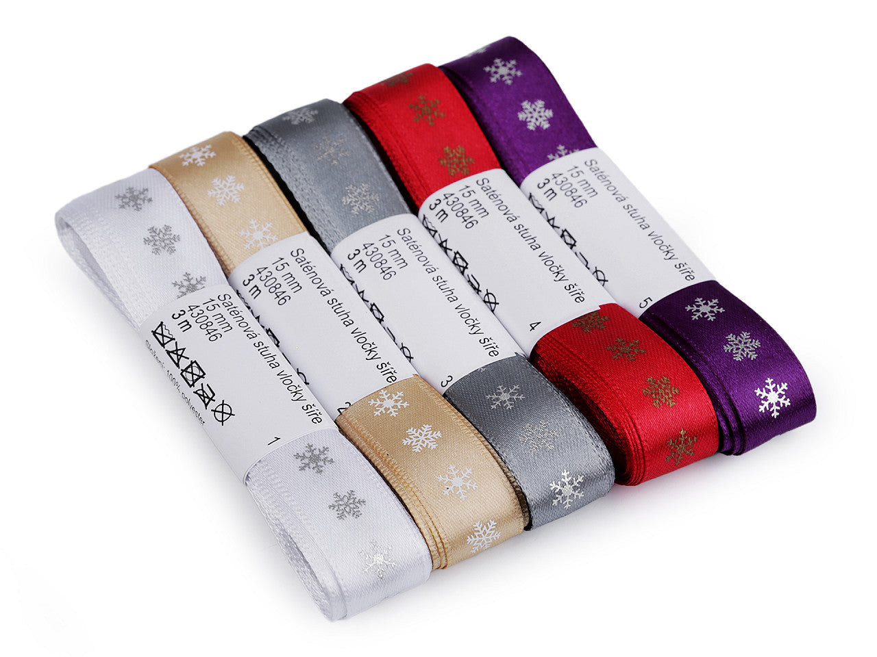 Ruban satiné de Noël, Flocons de neige, largeur 15 mm