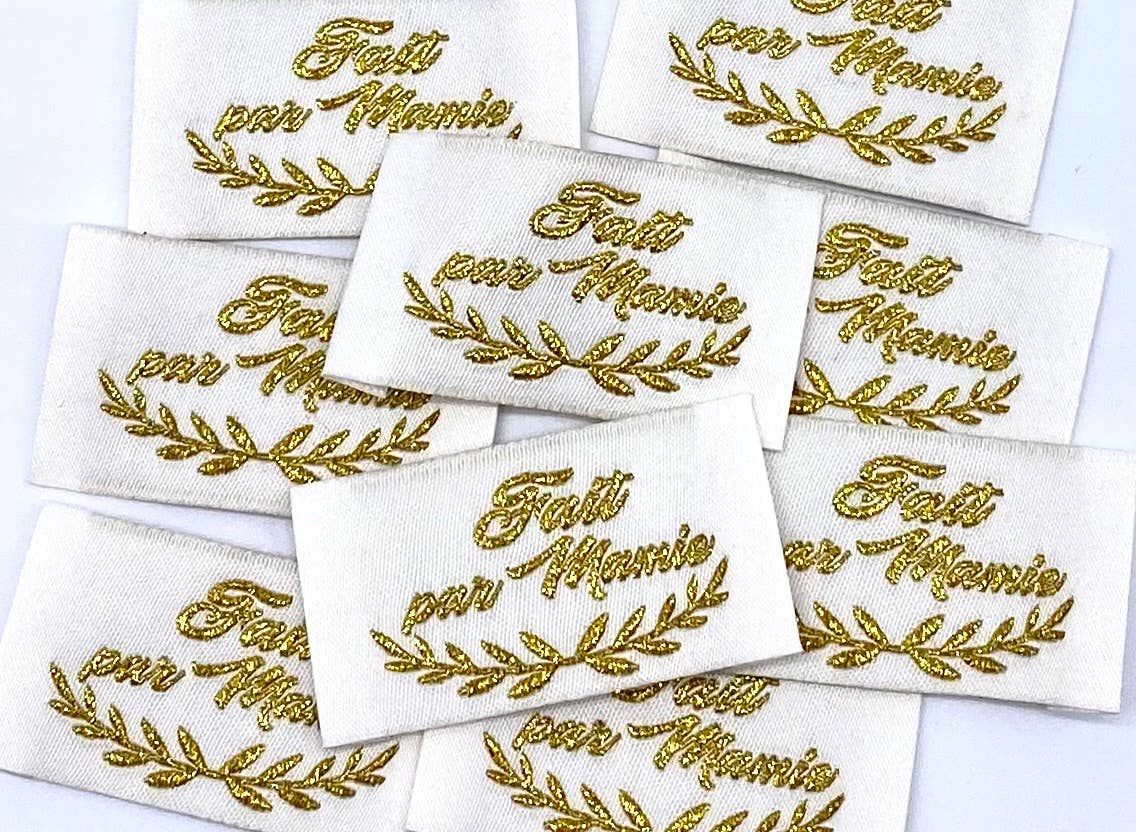 Étiquette Tissée à coudre "Fait Par Mamie" Beige et Lurex
