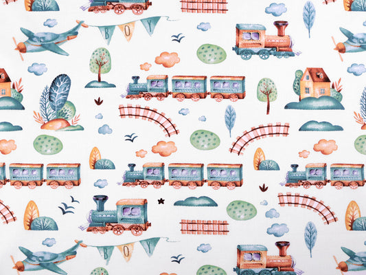 Popeline en coton oekotex Trains