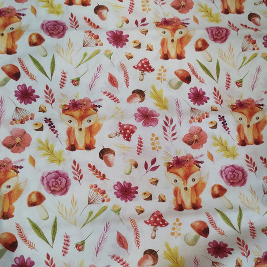 Coupon 100% coton oekotex env. 100x150cm renards et fleurs sur fond blanc