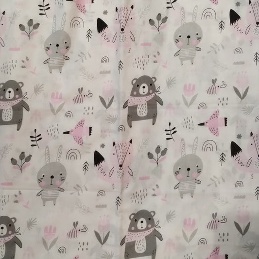 Coupon 100% coton oekotex env. 100x150cm animaux gris/rose sur fond blanc