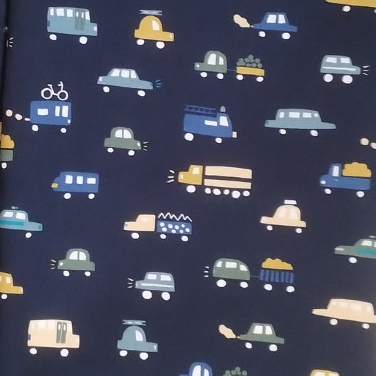 Coupon 100% coton oekotex env. 100x150cm motifs véhicules sur fond marine