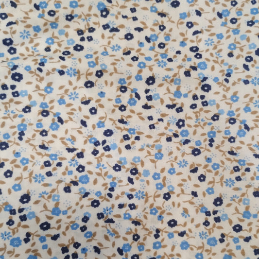 Coupon 100% coton oekotex env. 100x150cm fleurs beiges/bleu ciel/marine sur fond blanc