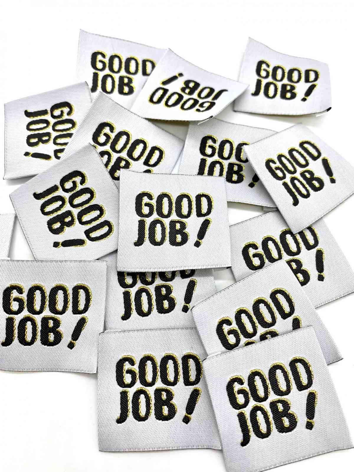 Étiquette tissée à coudre "GOOD JOB!" Écru , noir  et lurex